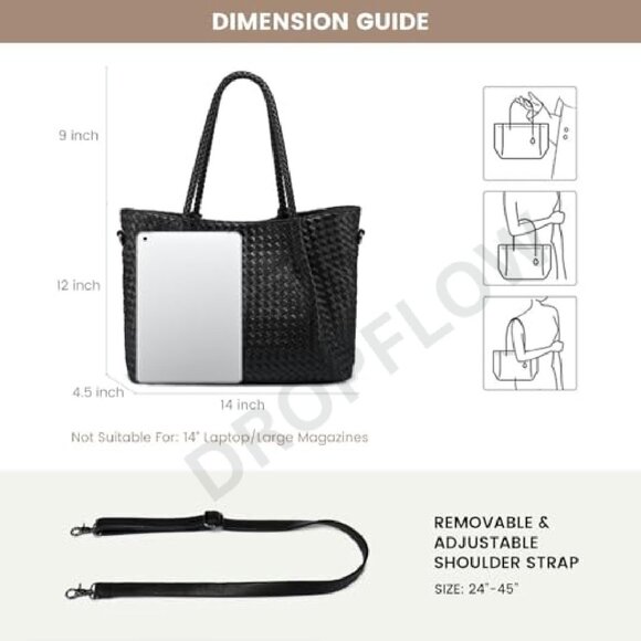 Woven Vegan Leather Tote Bag Chic Minimal Elegant Work Travel Crossbody Purse - Picture 6 of 7